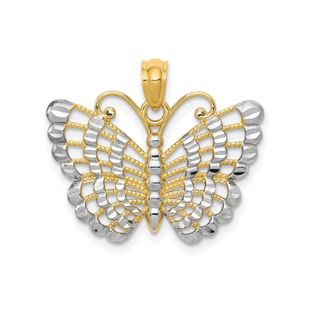 14k Multi-Tone Gold Butterfly Pendant with Rhodium Accents, Openwork Design, Textured Finish