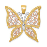 14k Two-Tone Gold Butterfly Pendant with Rose, Yellow, and White Filigree Detailing