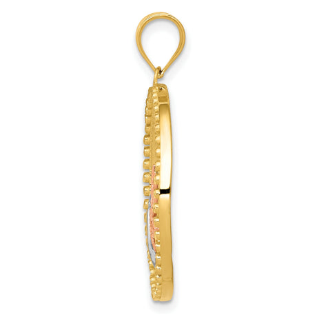 14k Two-Tone Gold Dragonfly Pendant with Filigree Rose Gold Design and Textured Circle