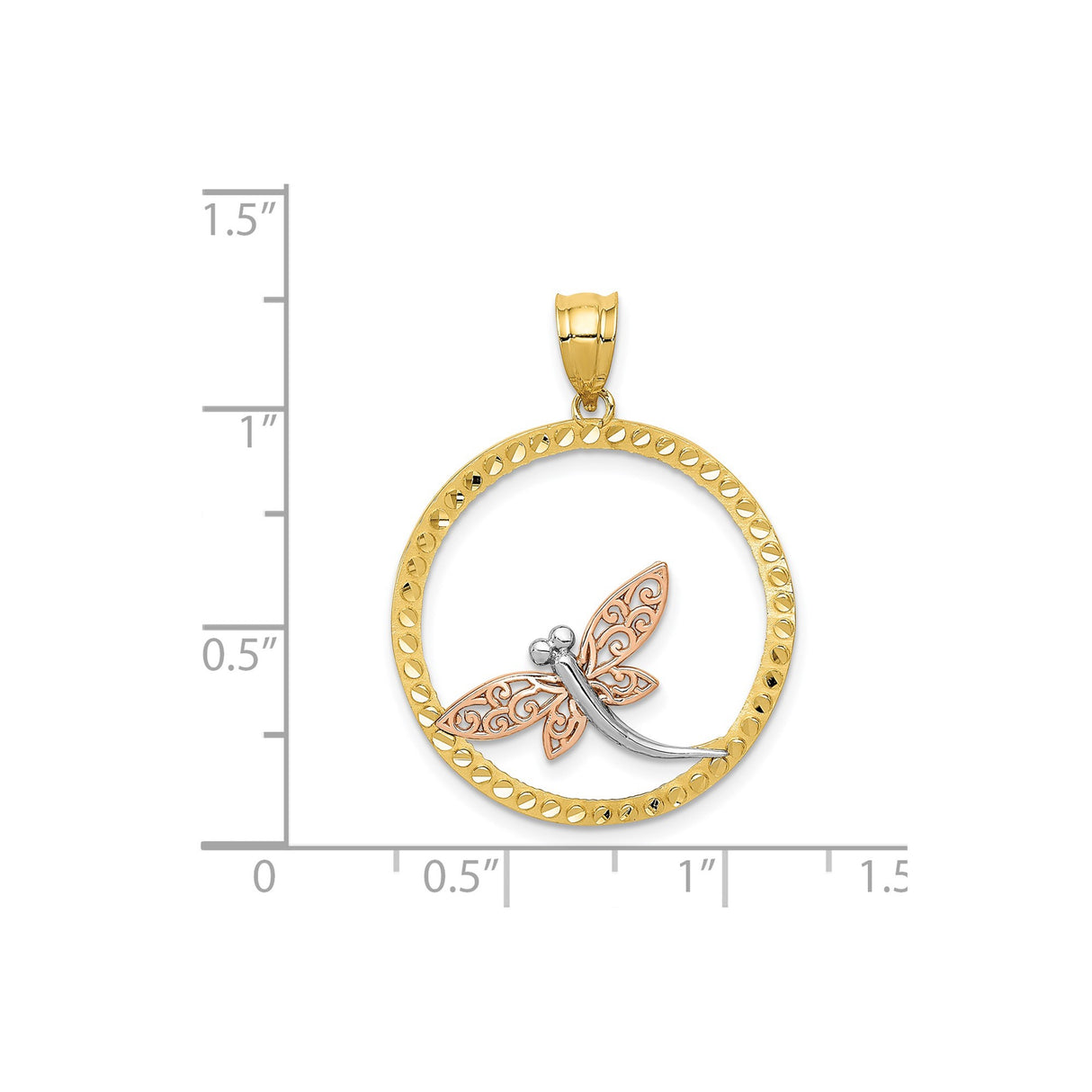 14k Two-Tone Gold Dragonfly Pendant with Filigree Rose Gold Design and Textured Circle