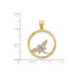 14k Two-Tone Gold Dragonfly Pendant with Filigree Rose Gold Design and Textured Circle