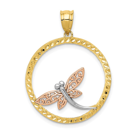 14k Two-Tone Gold Dragonfly Pendant with Filigree Rose Gold Design and Textured Circle