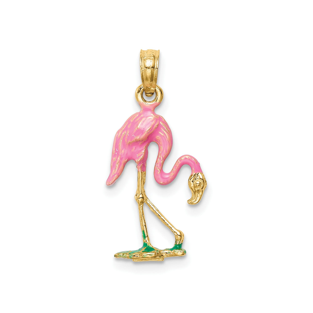 14k Yellow Gold Flamingo Pendant with Pink and Green Enamel Accents, Tropical Bird Charm