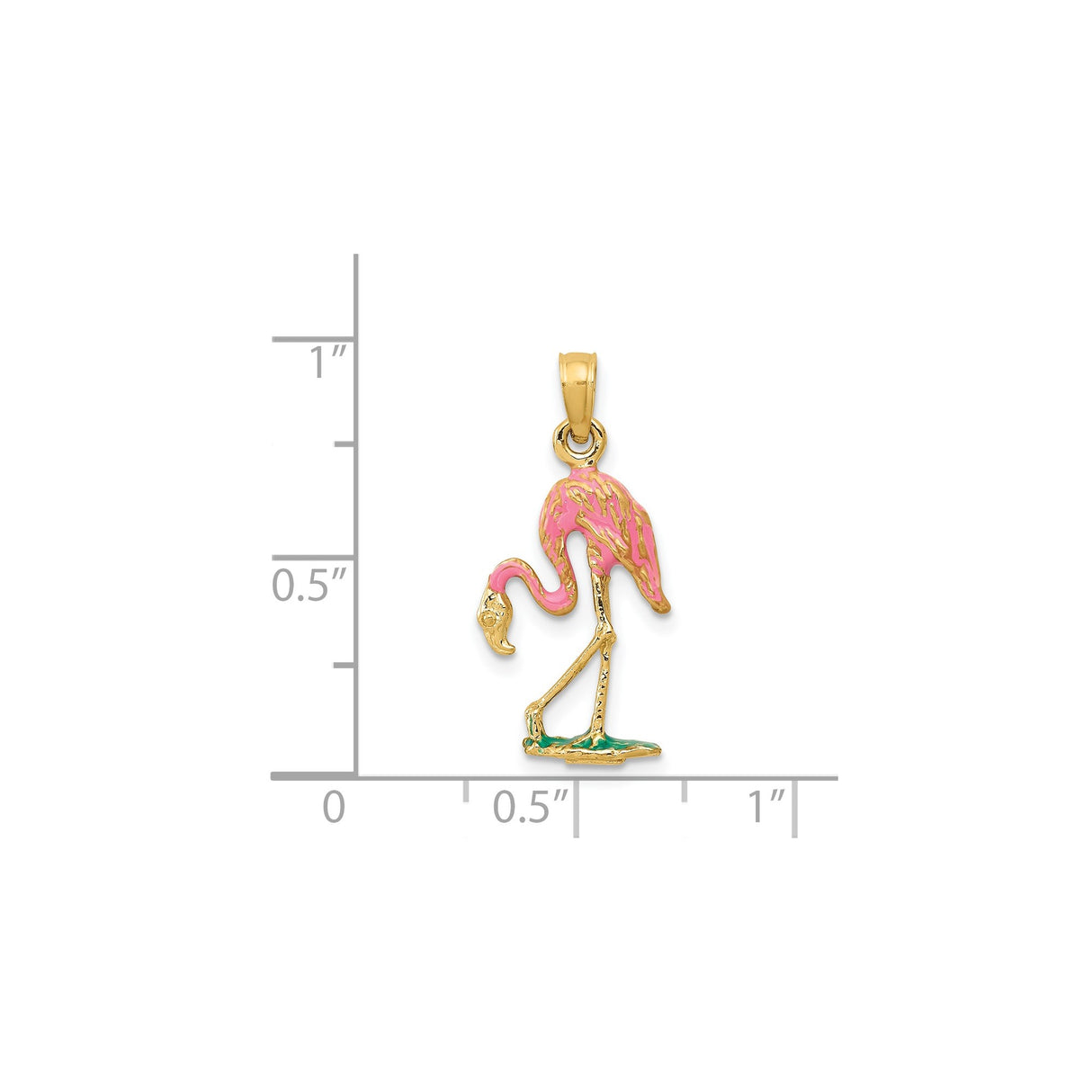14k Yellow Gold Flamingo Pendant with Pink and Green Enamel Accents, Tropical Bird Charm