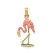 14k Yellow Gold Flamingo Pendant with Pink and Green Enamel Accents, Tropical Bird Charm
