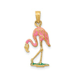 14k Yellow Gold Flamingo Pendant with Pink and Green Enamel Accents, Tropical Bird Charm