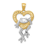 14k Yellow Gold and Rhodium Frog Heart Pendant, Two-Tone Textured Animal Charm