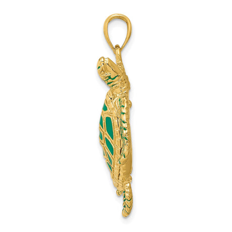 14k Yellow Gold Sea Turtle Pendant with Green Enamel, Ocean Theme Charm for Women or Unisex