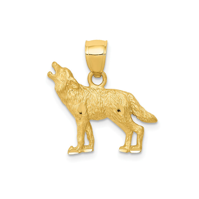 14k Yellow Gold Howling Wolf Pendant, Textured Wilderness Theme for Men or Unisex Wear