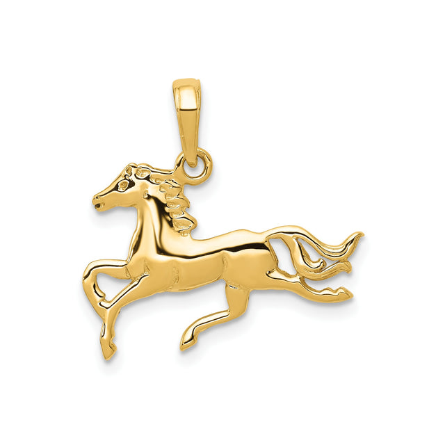 14k Yellow Gold Running Horse Pendant, Polished Equine Charm with Graceful Mane for Women or Unisex