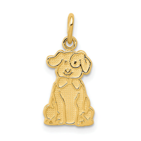 14k Yellow Gold Dog Pendant with Textured Cartoon Puppy and Bow Design