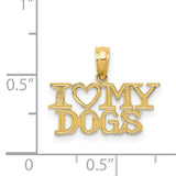 14k Yellow Gold Pendant with I Love My Dogs Lettering and Heart Charm, Unisex Dog Lover Jewelry