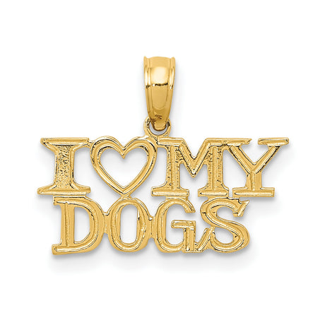 14k Yellow Gold Pendant with I Love My Dogs Lettering and Heart Charm, Unisex Dog Lover Jewelry