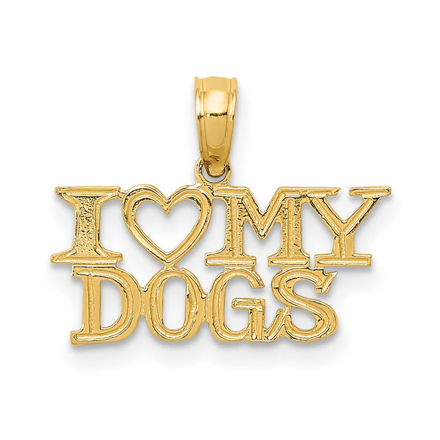 14k Yellow Gold Pendant with I Love My Dogs Lettering and Heart Charm, Unisex Dog Lover Jewelry