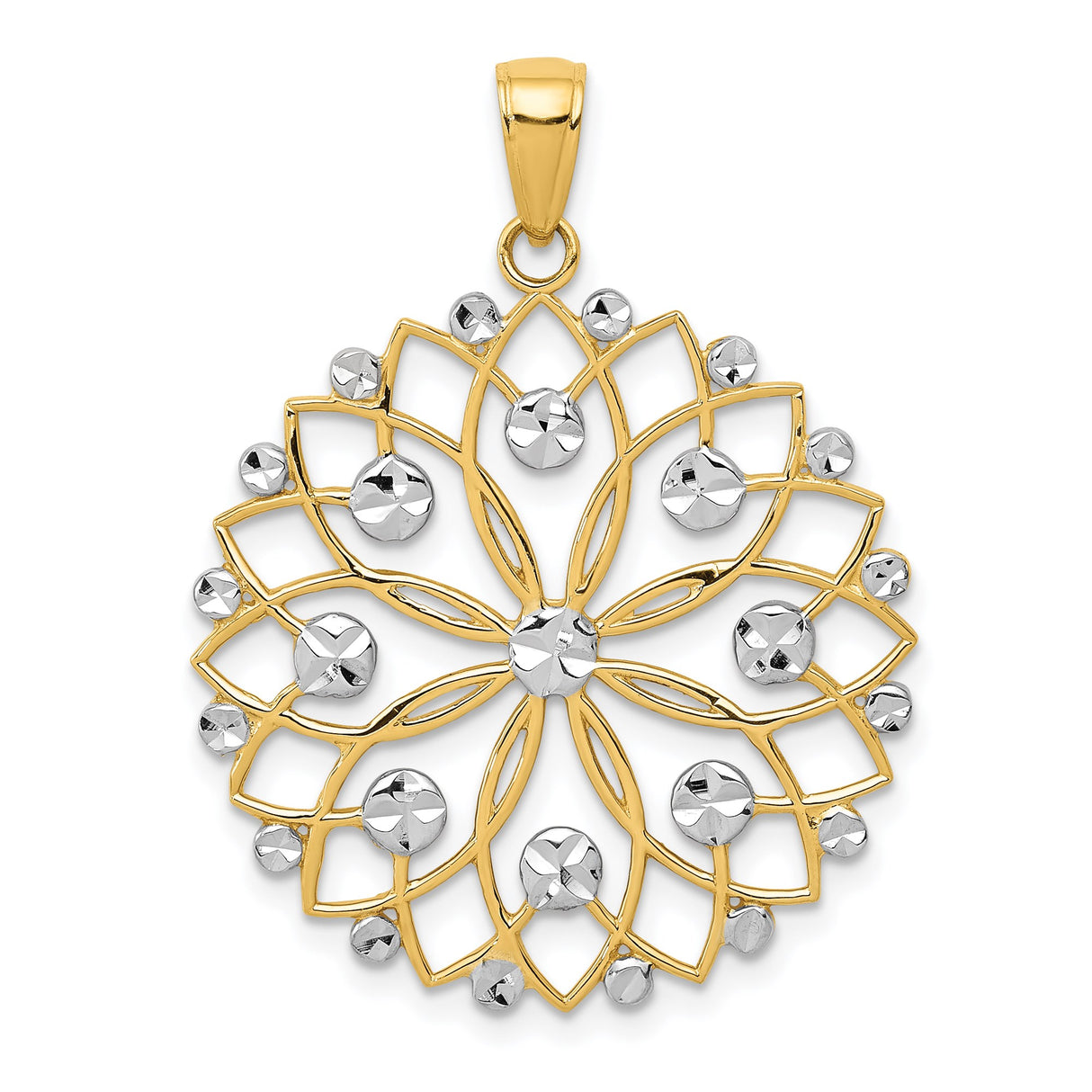 14k Multi-Tone Gold Mandala Pendant with Openwork Floral Design and Diamond Cut Accents