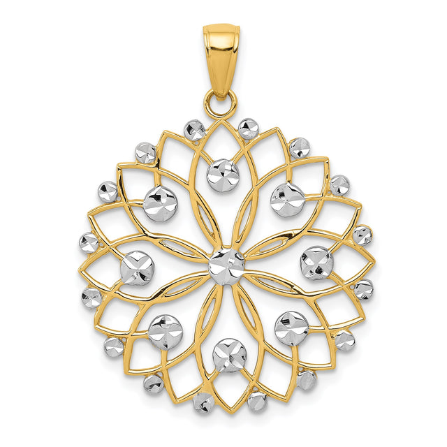 14k Multi-Tone Gold Mandala Pendant with Openwork Floral Design and Diamond Cut Accents