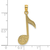 14k Yellow Gold Music Note Pendant with Intricate Scroll Detailing, Treble Clef Charm