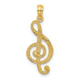 14k Yellow Gold Treble Clef Pendant with Floral Engraving, Music Note Charm for Women or Unisex Wear