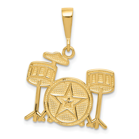 14k Yellow Gold Drum Set Pendant with Star Bass Drum, Music Charm for Musicians