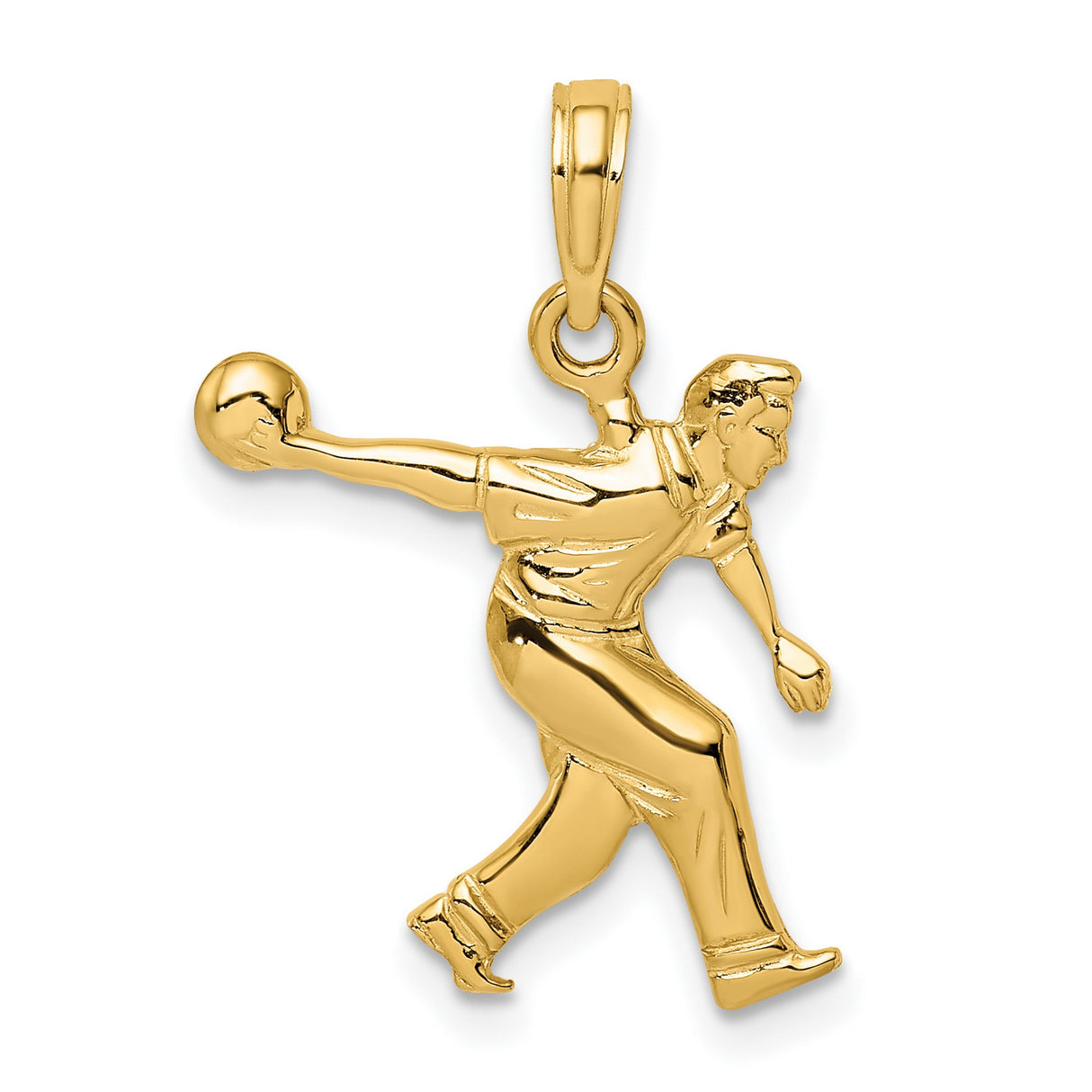 14k Yellow Gold Bowling Pendant with Mid-Throw Male Bowler Figure Sports Charm