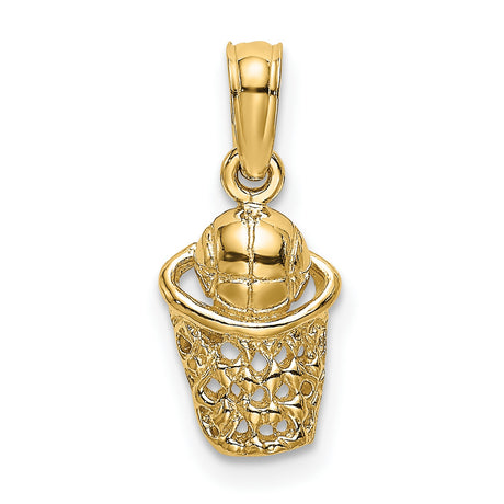 14k Yellow Gold Basketball Pendant with 3D Hoop Design, Sports Charm for Men or Women