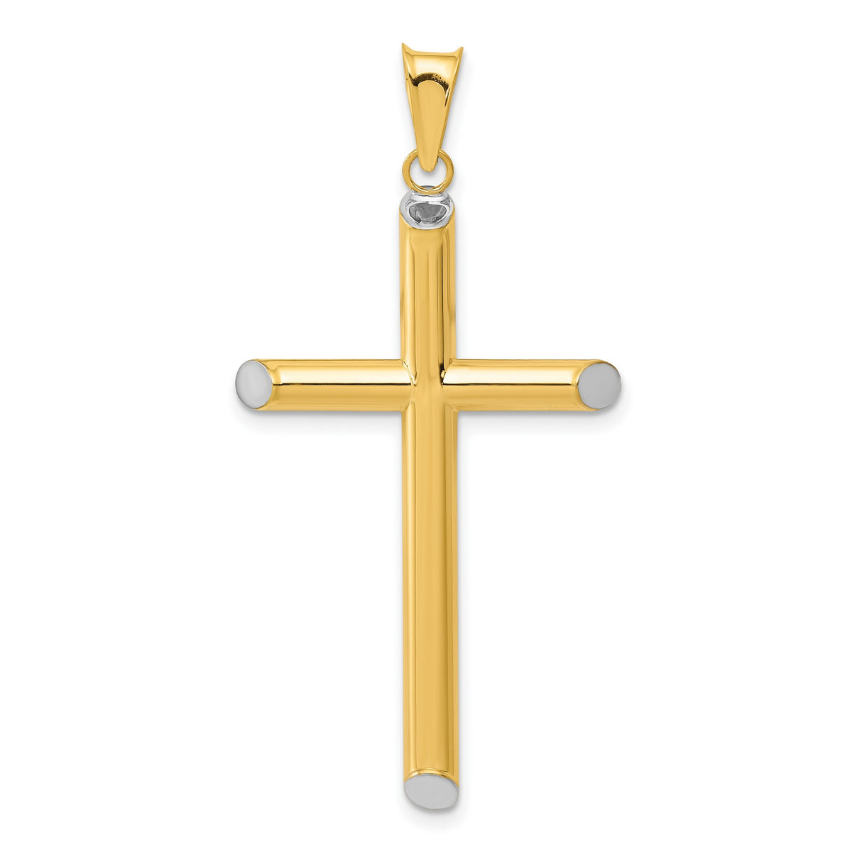 Hollow Latin Cross With Rhodium Accented Angled Tips Charm Pendant in Real 14k Multi-Tone Gold