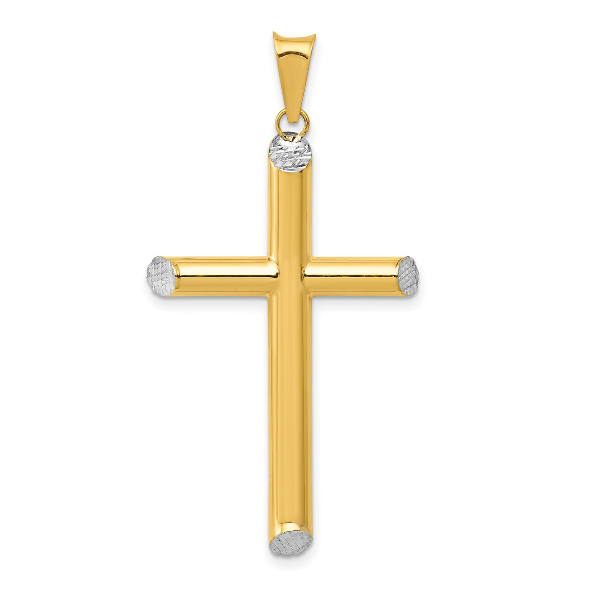 Hollow Latin Cross With Rhodium Accented Angled Tips Charm Pendant in Real 14k Multi-Tone Gold