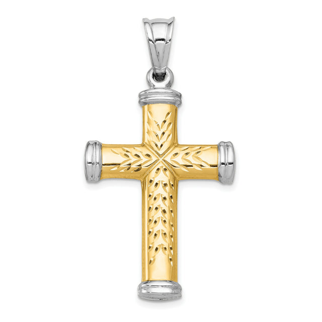 Hollow Reversible Textured Latin Cross Charm Pendant in Real 14k Multi-Tone Gold