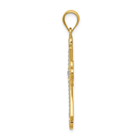 14k Multi-Tone Gold Textured Cross Pendant with Fleur de Lis Design