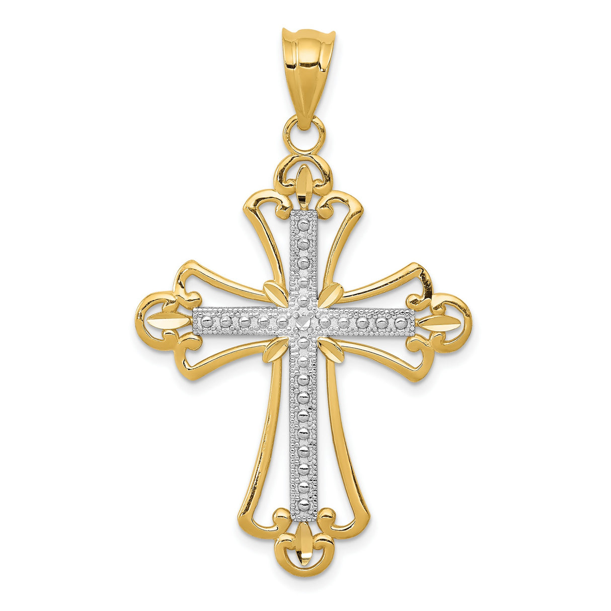 Diamond-Cut Fleur De Lis Cross Charm Pendant in Real 14k Multi-Tone Gold