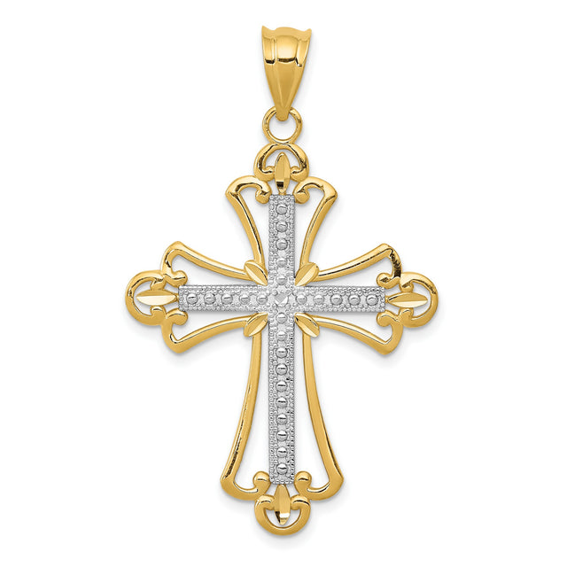 Diamond-Cut Fleur De Lis Cross Charm Pendant in Real 14k Multi-Tone Gold