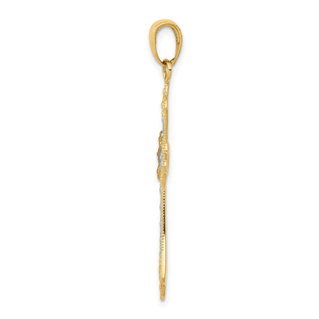 14k Multi-Tone Gold Filigree Cross Pendant with Fleur De Lis Design for Men and Women