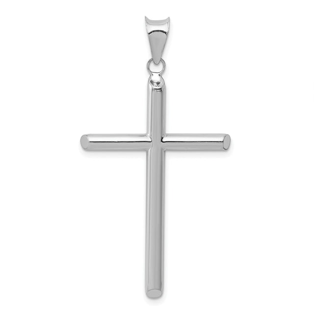 14k White Gold Latin Cross Pendant with Polished Tubular Design, Minimalist Religious Style