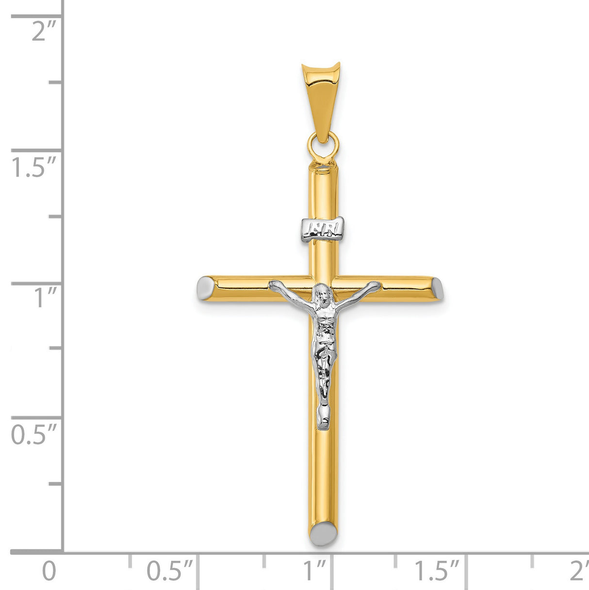 And Rhodium Hollow INRI Latin Crucifix With Angled Tips Charm Pendant in Real 14k Multi-Tone Gold