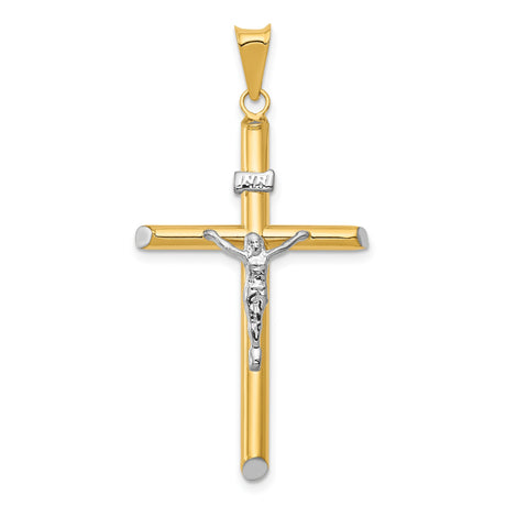 And Rhodium Hollow INRI Latin Crucifix With Angled Tips Charm Pendant in Real 14k Multi-Tone Gold