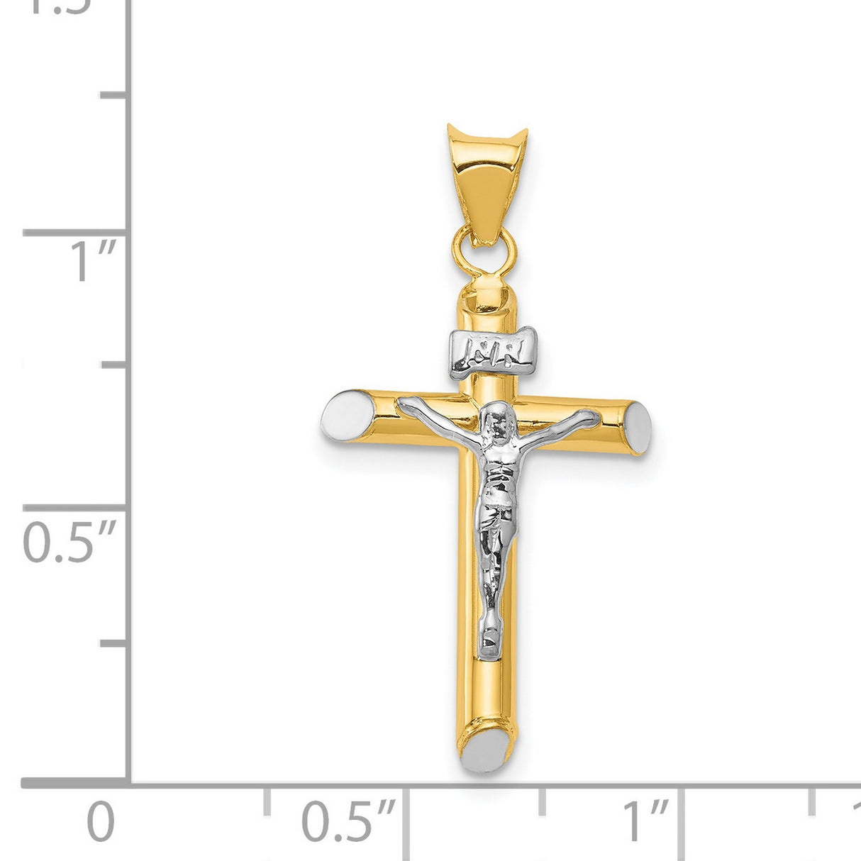 Hollow INRI Latin Crucifix With Angled Rhodium Tips Charm Pendant in Real 14k Multi-Tone Gold