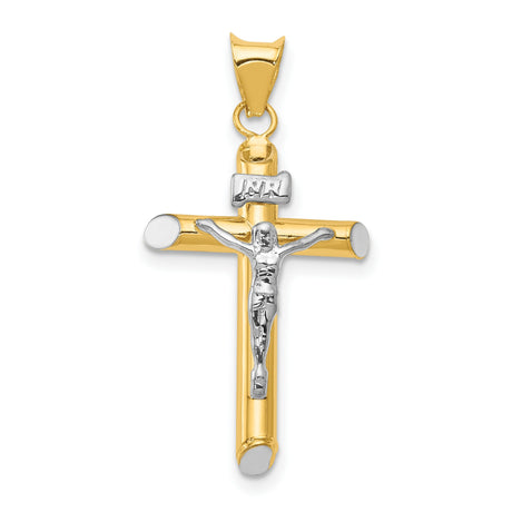 Hollow INRI Latin Crucifix With Angled Rhodium Tips Charm Pendant in Real 14k Multi-Tone Gold