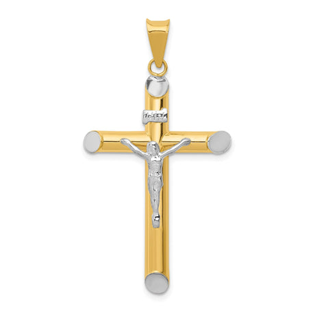 14k Multi-Tone Gold INRI Crucifix Cross Pendant with Rhodium Tips, Religious Latin Christian Jewelry