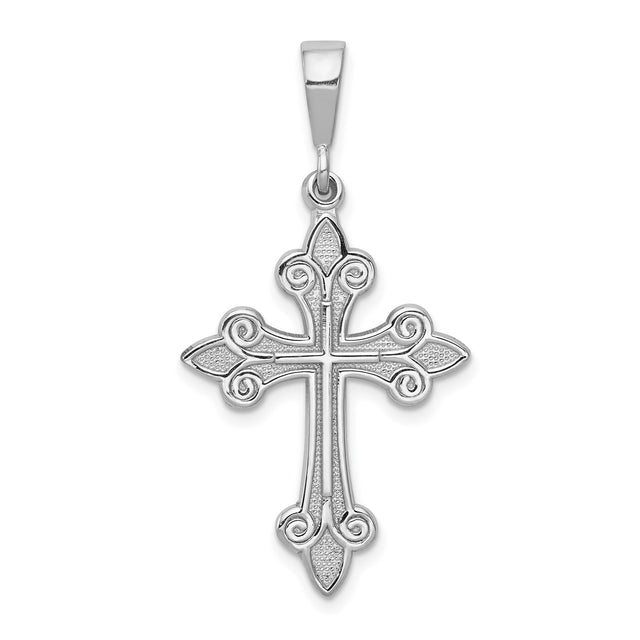 14k White Gold Fleur Cross Pendant with Textured Detail and Shine Finish