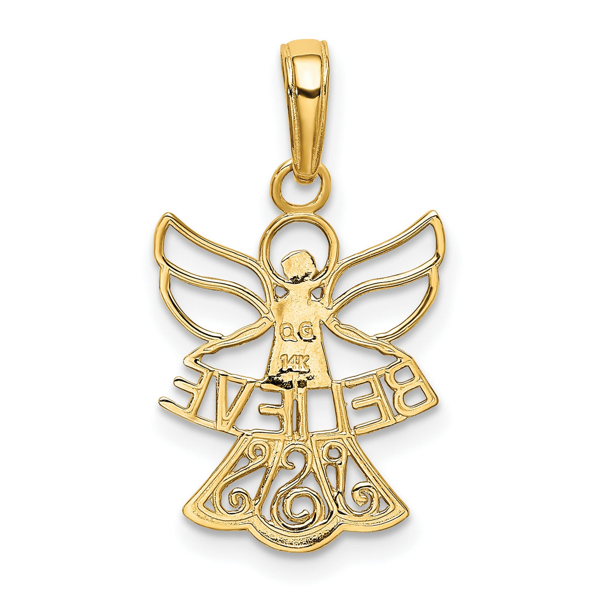 Angel Figure Holding Believe Word Charm Pendant in Real 14k Multi-Tone Gold