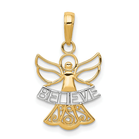 Angel Figure Holding Believe Word Charm Pendant in Real 14k Multi-Tone Gold