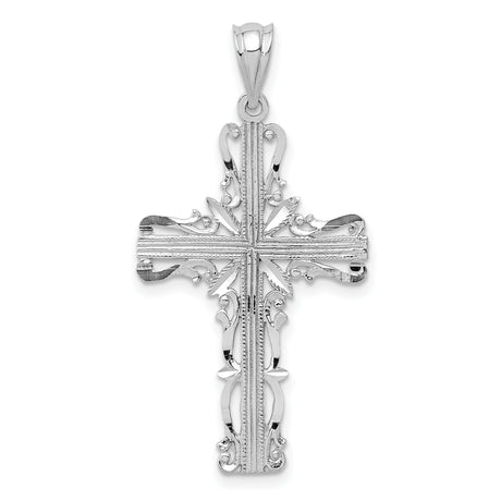 14k White Gold Cross Pendant with Filigree Scroll Design and Millgrain Detailing