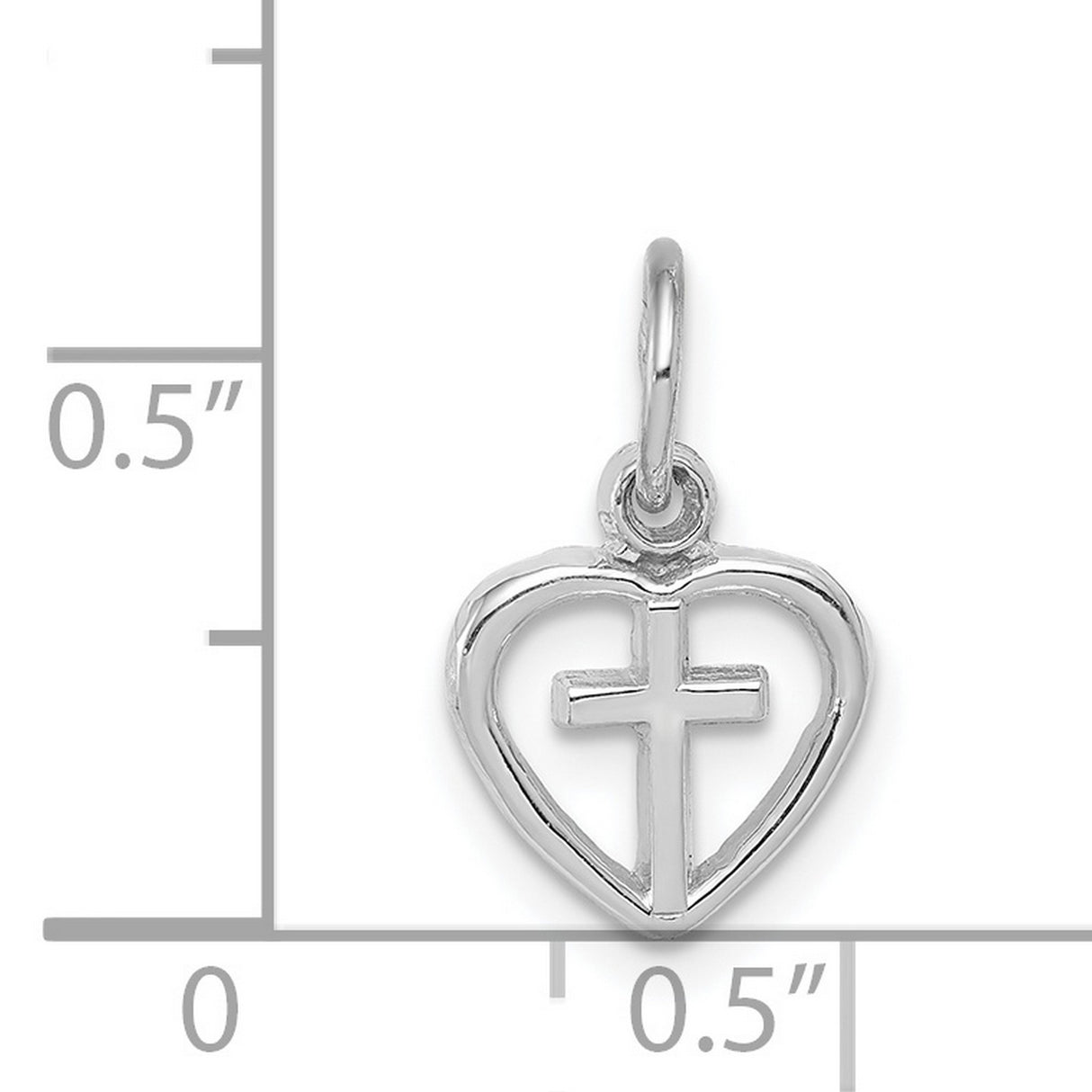 Cross Inside Open Heart Charm Pendant in Real 14k White Gold