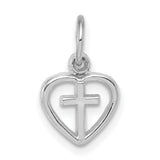 Cross Inside Open Heart Charm Pendant in Real 14k White Gold