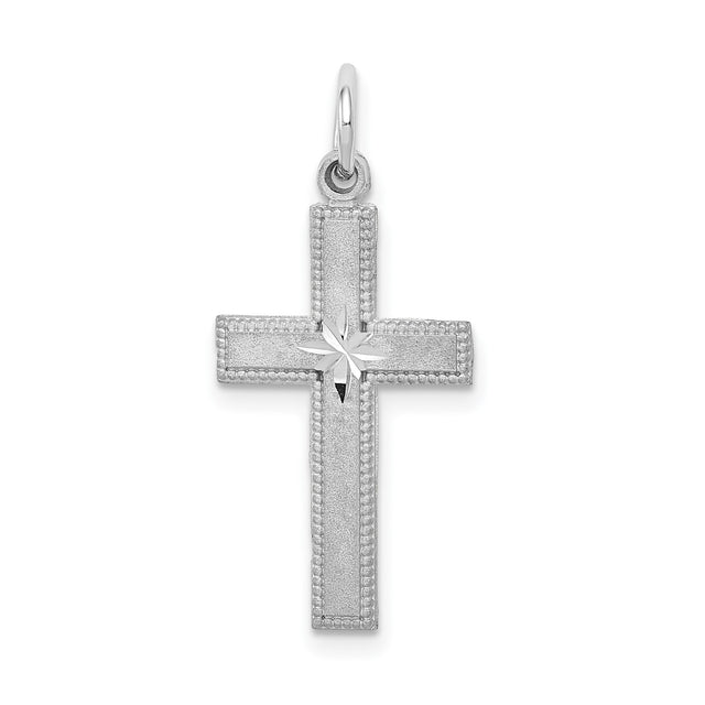 14k White Gold Latin Cross Pendant with Beaded Border and Matte Finish