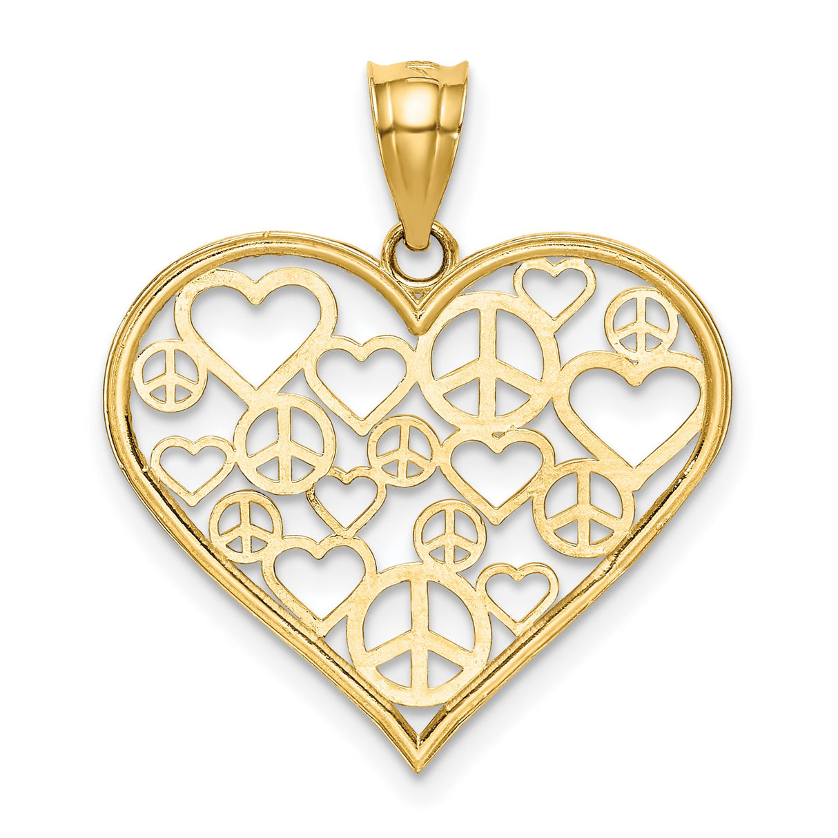 14k Yellow Gold Heart Pendant with Openwork Peace Signs and Hearts, Boho Hippie Style