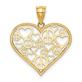 14k Yellow Gold Heart Pendant with Openwork Peace Signs and Hearts, Boho Hippie Style