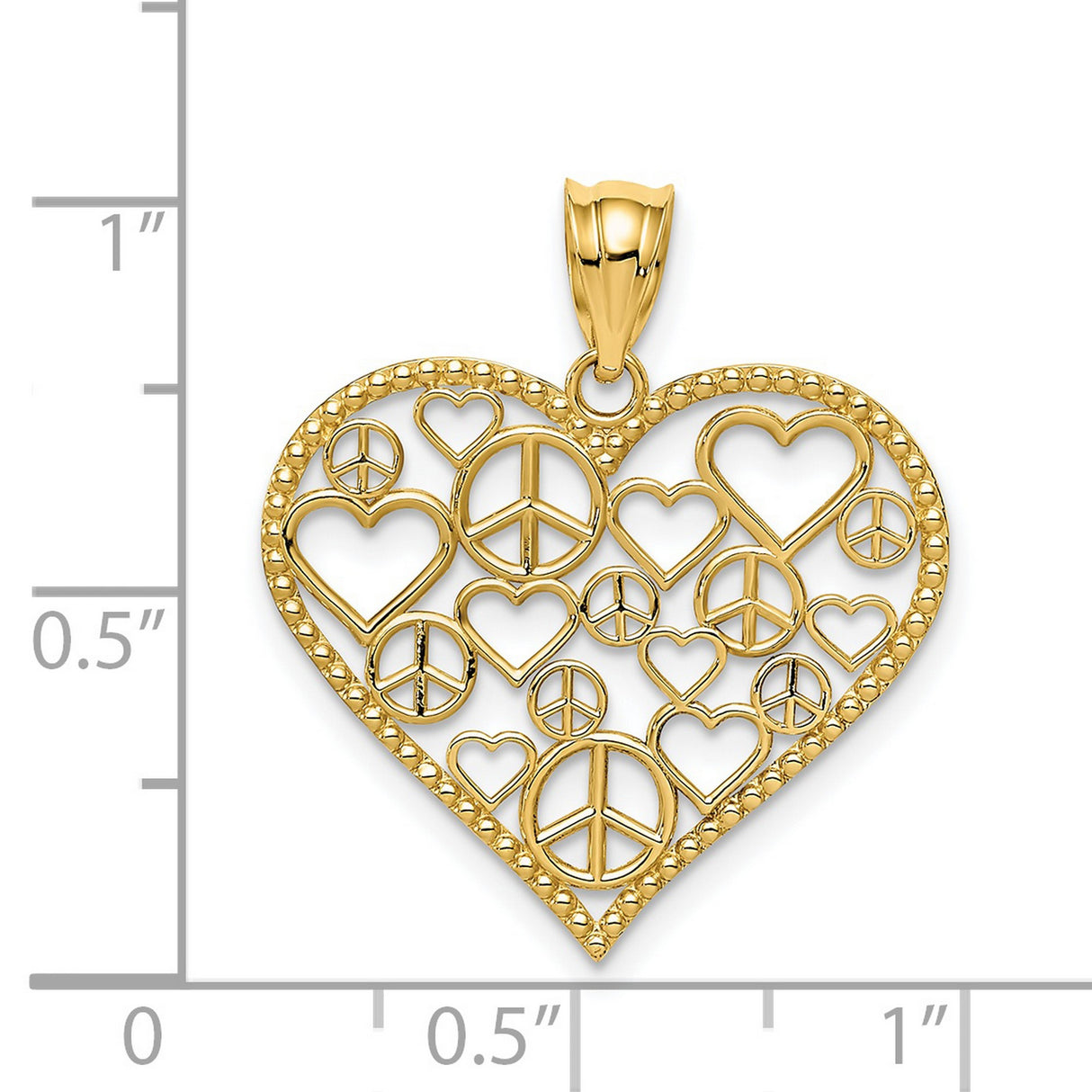 14k Yellow Gold Heart Pendant with Openwork Peace Signs and Hearts, Boho Hippie Style