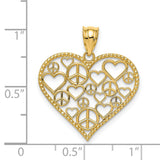 14k Yellow Gold Heart Pendant with Openwork Peace Signs and Hearts, Boho Hippie Style