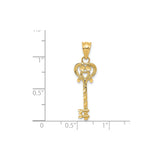 14k Yellow Gold Key Pendant with Heart Design and Scrollwork for Women